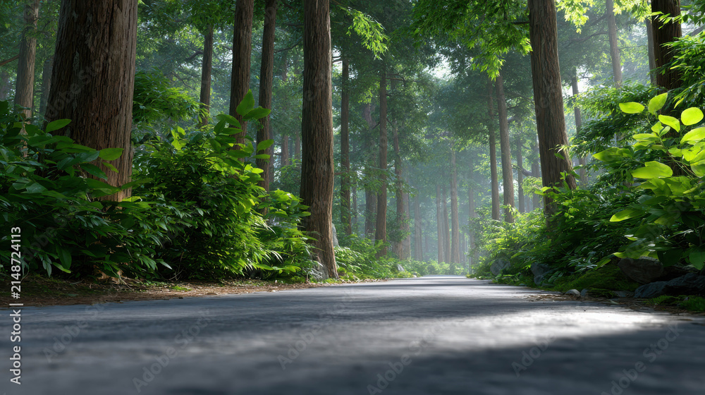 Fototapeta premium A peaceful forest road bathed in dappled sunlight, surrounded by tall trees and lush greenery, inviting exploration and contemplation