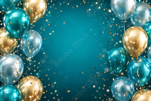 Elegant Happy Birthday Celebration Background with Teal, Gold and Silver Balloons and Confetti
