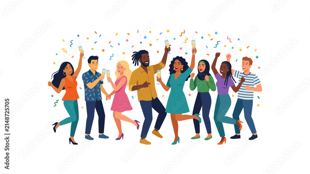 Obraz premium Diverse group of people celebrating together with colorful confetti.