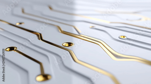 Close-up view of a golden circuit board, showcasing intricate pathways and technological precision