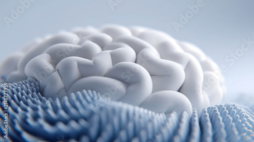 A detailed, abstract representation of a human brain, rendered in a soft, stylized white material, rests on a textured surface with intricate patterns