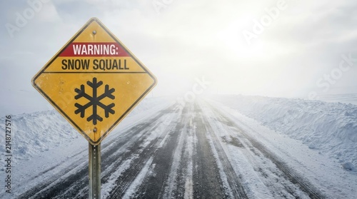 Yellow metal warning sign indicating snow squall conditions on a desolate icy road during winter storms