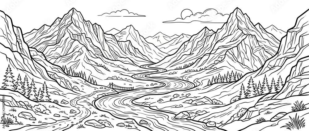 Fototapeta premium Stylized Mountain Valley Landscape Line Art