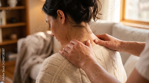 Woman receiving shoulder massage in cozy living room with warm window light
