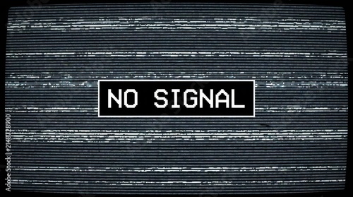 No signal text displayed on a distorted retro television screen with horizontal black and white lines