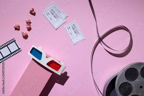 Cinema Tickets and 3D Glasses on Pink Background