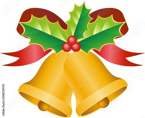 メリークリスマス　クリスマスベル　リボン　柊　デコレーション　オーナメント　飾り　イラスト素材