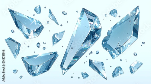 Sharp transparent glass shards in cool blue light