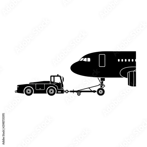 An airport tractor pushing an airplane. This is an illustration of a vehicle used to move aircraft on the ground