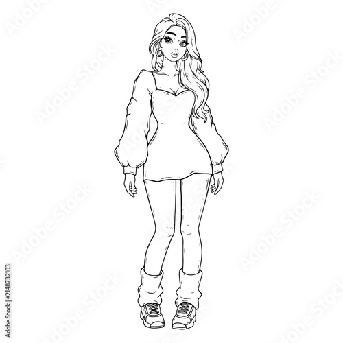 illustration art line art hand drawn woman with long hair and dress outfit character design