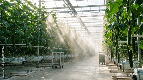 Rows of fresh green cucumbers growing in a modern glass greenhouse with mist irrigation system working