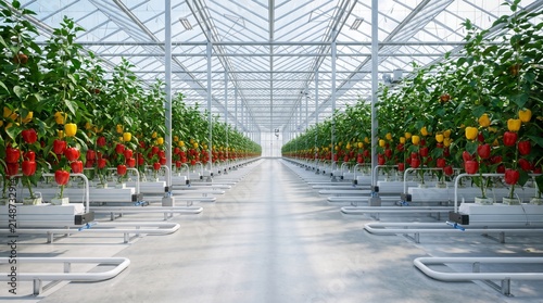 Fresh red and yellow bell peppers growing on vines inside a large modern industrial glass greenhouse