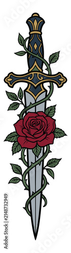 Ornate Sword with Rose and Thorns Tattoo Design