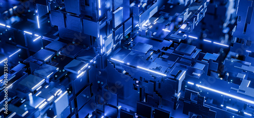 Complex technical design. Blocks, lines, infographics. Video game. Futuristic design. Technological, industrial background. Spaceship design. Technological background. 3D render.