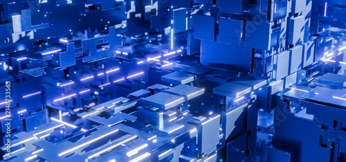Technological, industrial background. Technological background. Complex technical design. Blocks, lines, infographics. Video game. Futuristic design. Spaceship design. 3D render.