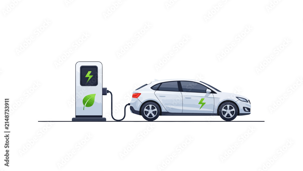 Naklejka premium White Electric Car Charging at EV Station, Eco-Friendly Transportation Illustration