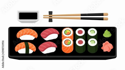 Assorted Japanese Sushi Flat Vector Illustration