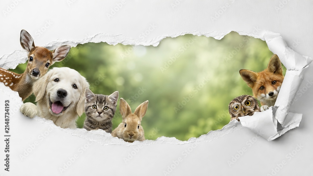 Fototapeta premium Group of cute animals looking through a torn white paper hole. Diverse wildlife and pets peeking from a rip in the background. Funny wild and domestic creature concept for banner, copy space