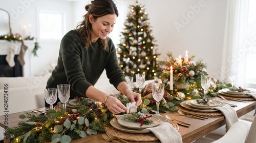A woman is decorating a festive Christmas dining table for a holiday meal. She's placing a small ornament on a plate, surrounded by greenery and sparkling lights.