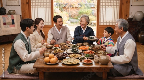 A family gathered around a table filled with traditional Korean food, enjoying a meal together. They are dressed in traditional attire and seem to be in good spirits