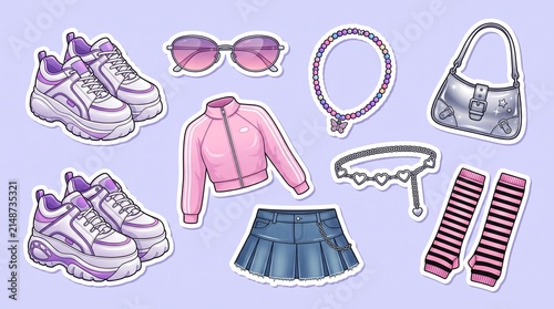 Set of Y2K fashion stickers with clothes and accessories. Digital illustration of trendy retro clothing, platform shoes, handbag, and jewelry for scrapbooking or graphic design projects