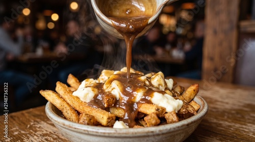 A steaming hot bowl of traditional Canadian poutine featuring golden crispy fried potatoes covered in fresh squeaky cheese curds receives a generous pouring of rich savory gravy inside a tavern