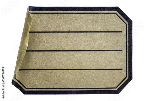 Transparent png of Peeled vintage brown paper price label sticker with black frame lines .Blank adhesive tag mock up template