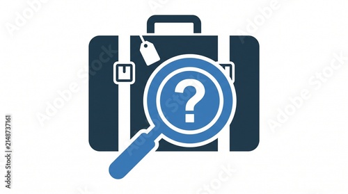 Lost suitcase search concept with magnifying glass and question mark, missing baggage investigation and travel problem, luggage tracking, airport baggage service, misplaced suitcase, travel uncertaint