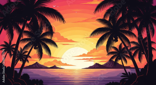 Tropical sunset with palm trees and ocean reflecting vibrant pink and orange sky for travel or vacation themes.