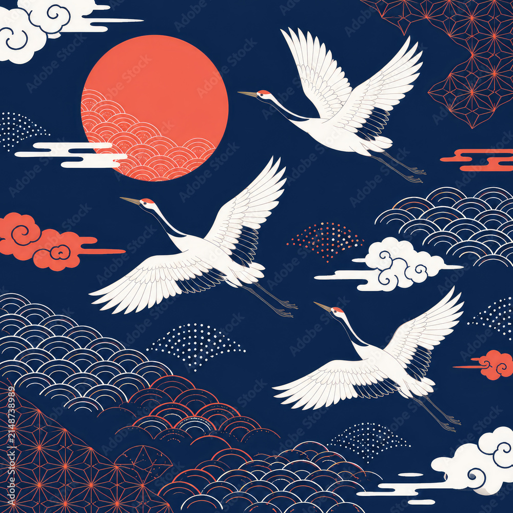 Obraz premium Japanese Crane Pattern with Flying Birds and Traditional Wave Motifs on Dark Blue Background