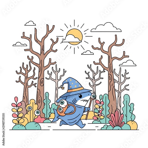 Cute Shark Wizard Walking Through Enchanted Forest.