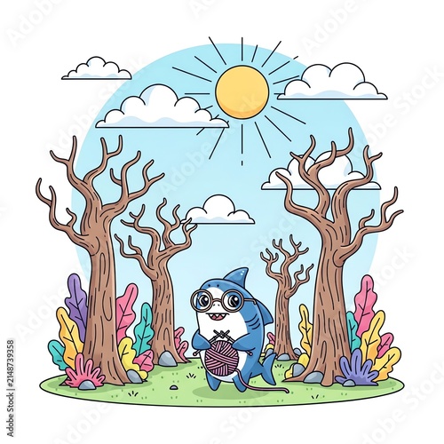 Cute Shark Knitting in a Whimsical Forest.