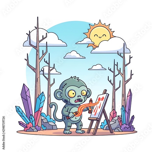 Monkey Artist Painting in a Whimsical Forest.