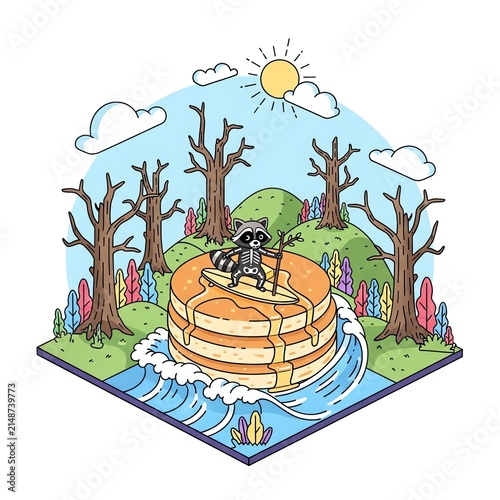 Raccoon Surfing on Pancakes in a Whimsical Forest Landscape.
