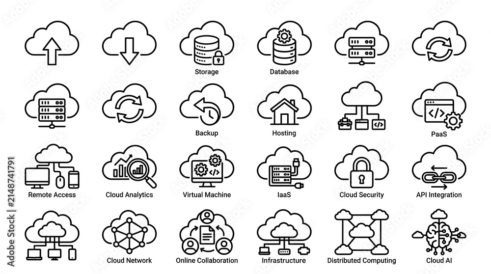 Obraz premium Cloud Computing Outline Icons Set. Cloud Technology Line Collection