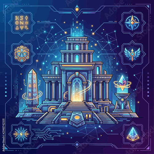 Mystical Ancient Temple with Digital Network and Futuristic Symbols