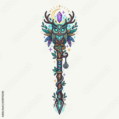 Mystical Owl Staff with Crystal and Moon - Isolated Fantasy Art