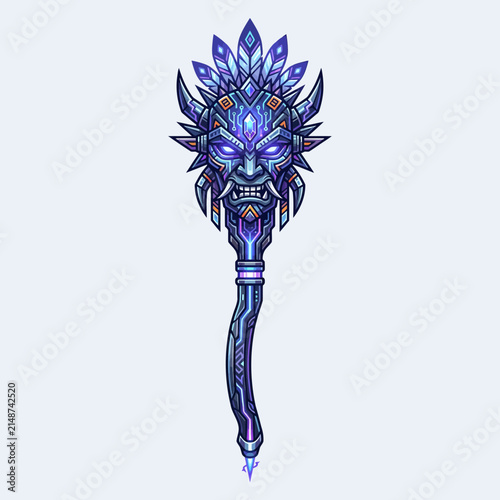 Mystical Tribal Mask Staff with Glowing Eyes, Isolated on Transparent Background