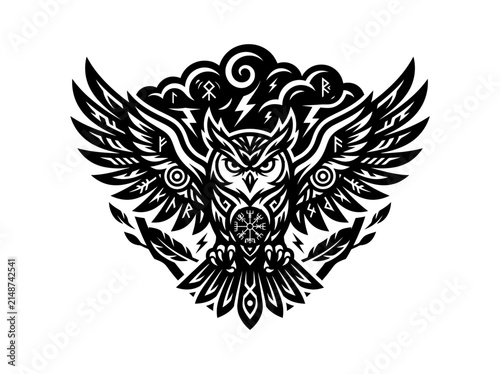 Mythical Owl with Norse Runes and Viking Symbols, Isolated