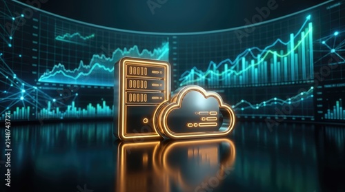 Glowing golden server and cloud computing symbol displayed against dynamic blue financial market data charts
