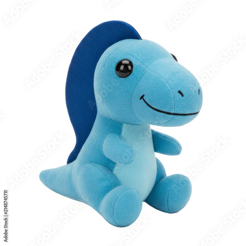 Cute blue dinosaur stuffed toy or plushie animal, isolated on a transparent background