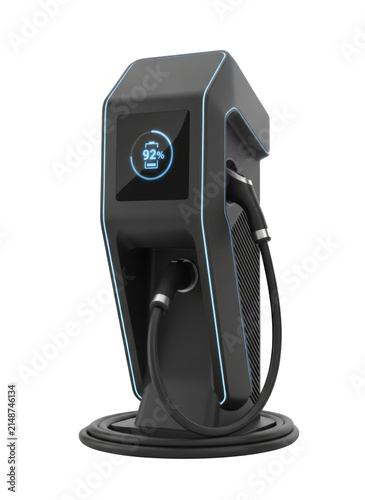 Modern black electric vehicle EV charging station with battery screen and glowing blue LED, isolated on a transparent background