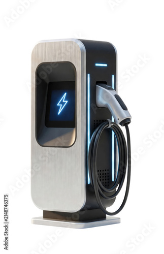 Modern electric vehicle EV charging station with screen and glowing blue LED, isolated on a transparent background