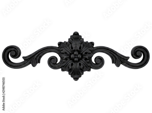 Classic ornamental scrollwork and floral wood carving element, isolated on a transparent background