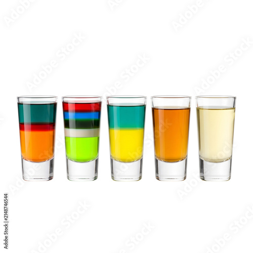 Five Colorful Layered Cocktail Shots Isolated on Black Background
