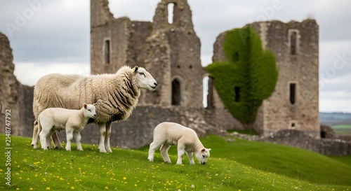 Mother sheep and her lambs graze near ancient castle ruins