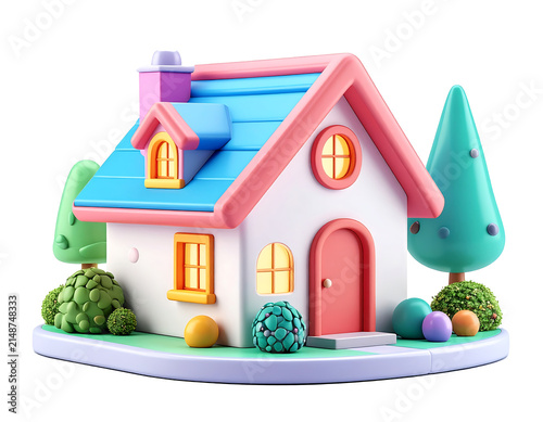 3D plastic cartoon style home icon isolated on transparent background and white background