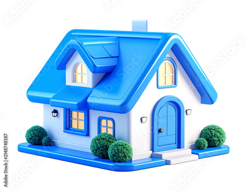 3D plastic cartoon style home icon glossy blue roofon transparent background and white background