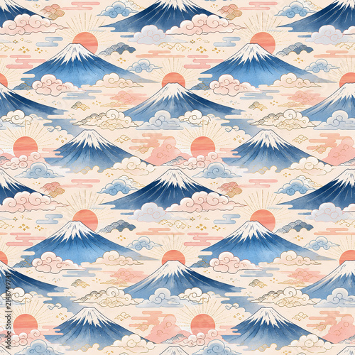 Cute Mount Fuji Sunrise and Clouds Seamless Japanese Pattern