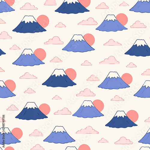 Cute Mount Fuji Sunrise and Clouds Seamless Japanese Pattern
